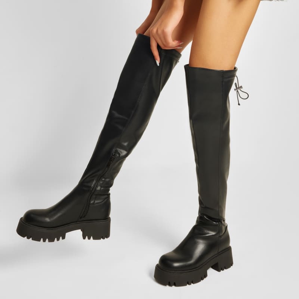Lug Sole Over The Knee Boots - BLACK-PU - 3